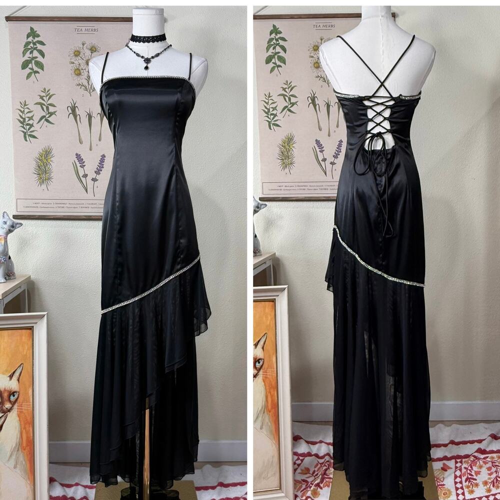 90s Y2k Rhinestone Lace Up Back Asymmetric Formal Dress Dark Fairy Witchy Sexy S